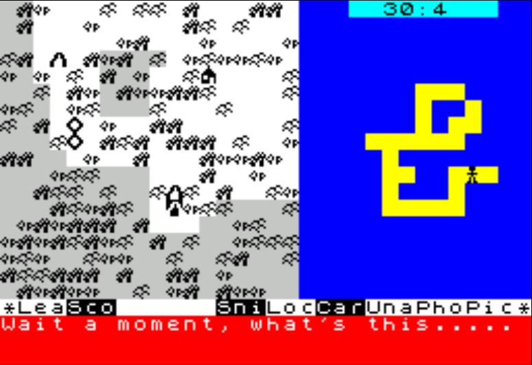 Typical game screen showing forest and a cave map